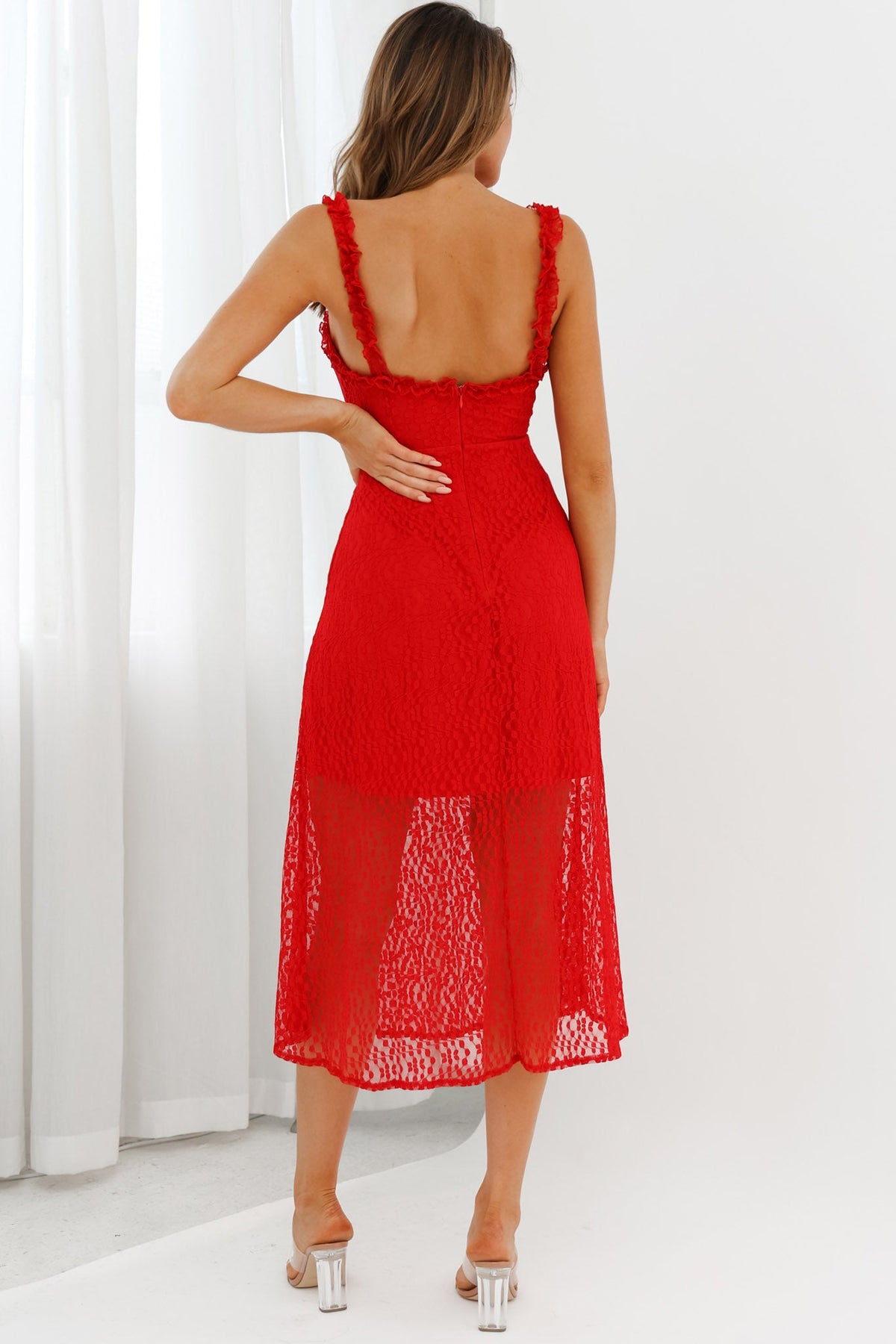 Isadora Mesh Overlay Frill Trim Neckline Midi Dress Red
