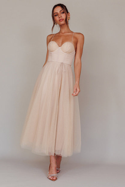 Smitten Sweetheart Neckline Chiffon Midi Dress Champagne