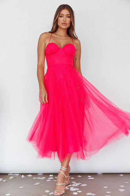 Smitten Sweetheart Neckline Chiffon Midi Dress Fuchsia