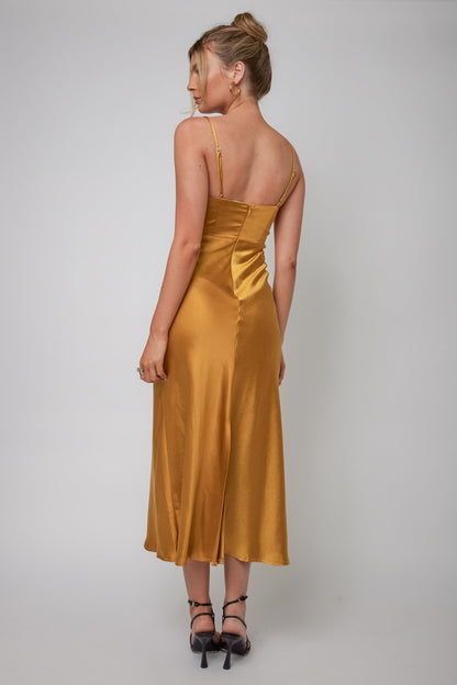 Infinity Pintuck Bust Midi Dress Mustard