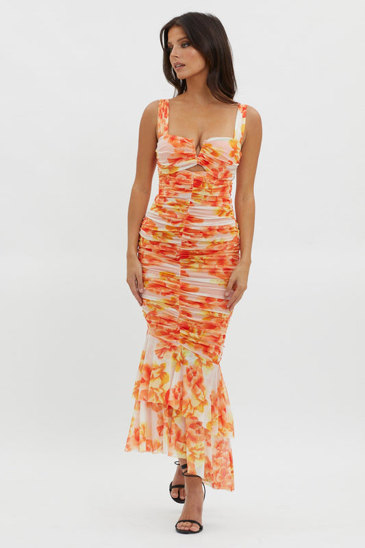 Nadia Ruched Fishtail Midi Dress Floral White