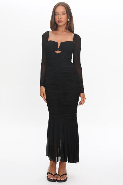 Nadia Long Sleeve Fishtail Midi Dress Black