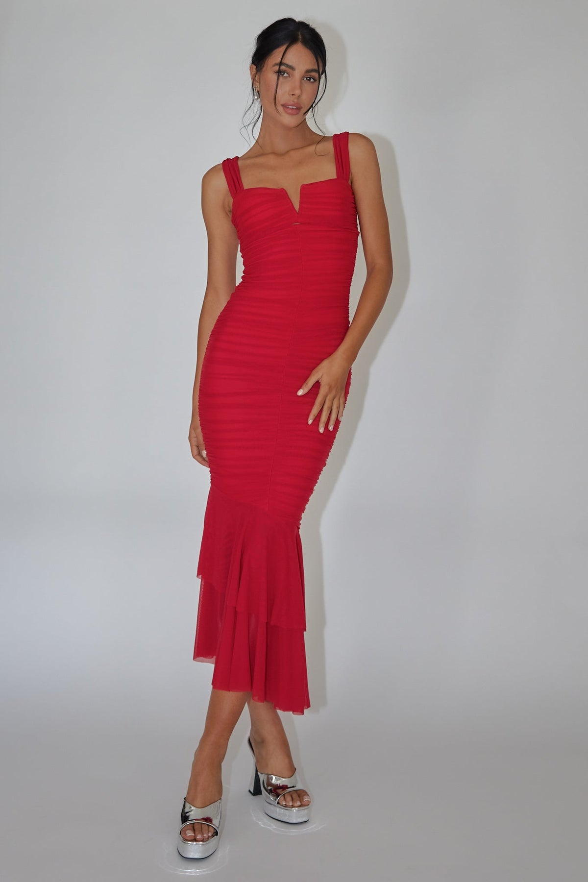 Nadia Ruched Fishtail Maxi Dress Red