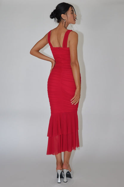 Nadia Ruched Fishtail Maxi Dress Red