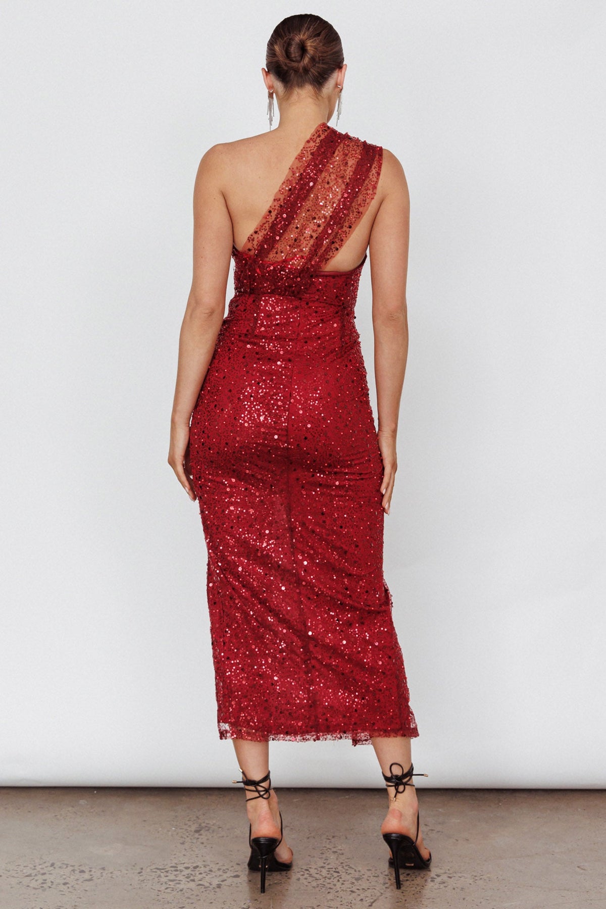 Doniella One-Shoulder Split Sequin Maxi Dress Wine