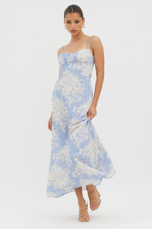 Nerida Twist Back Midi Dress Floral Blue