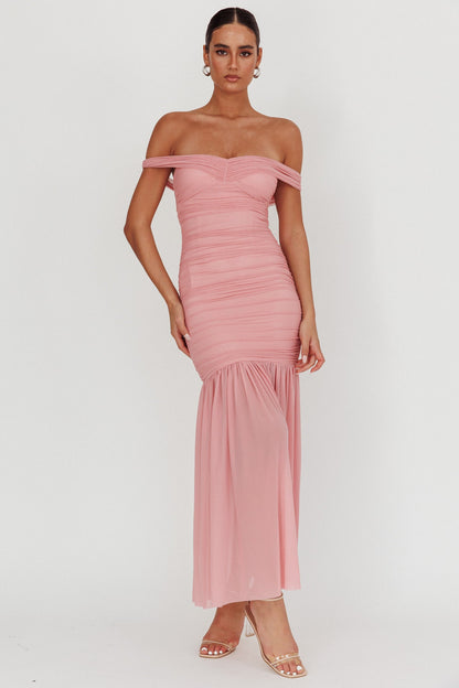 La Salle Off Shoulder Mesh Maxi Dress Pink