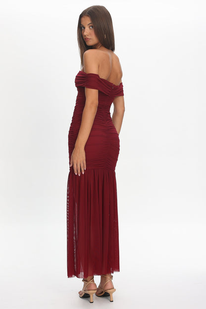La Salle Off Shoulder Mesh Maxi Dress Wine