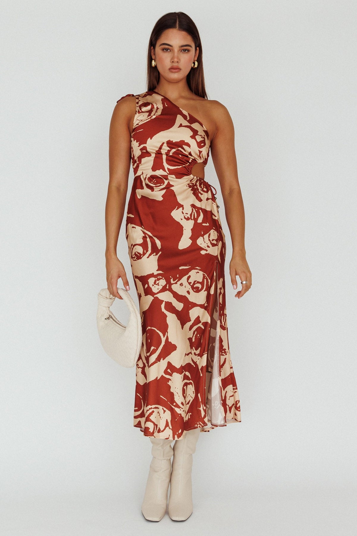 Charisma One-Shoulder Cut-Out Midi Dress Floral Coffee