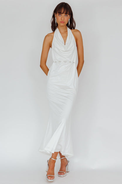 Emmi Cowl Neck Diamante Rope Dress White