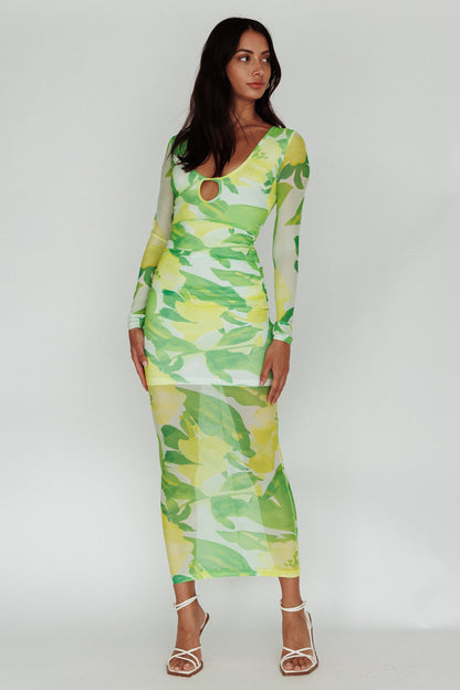 Chardae Long Sleeve Mesh Midi Dress Floral Green