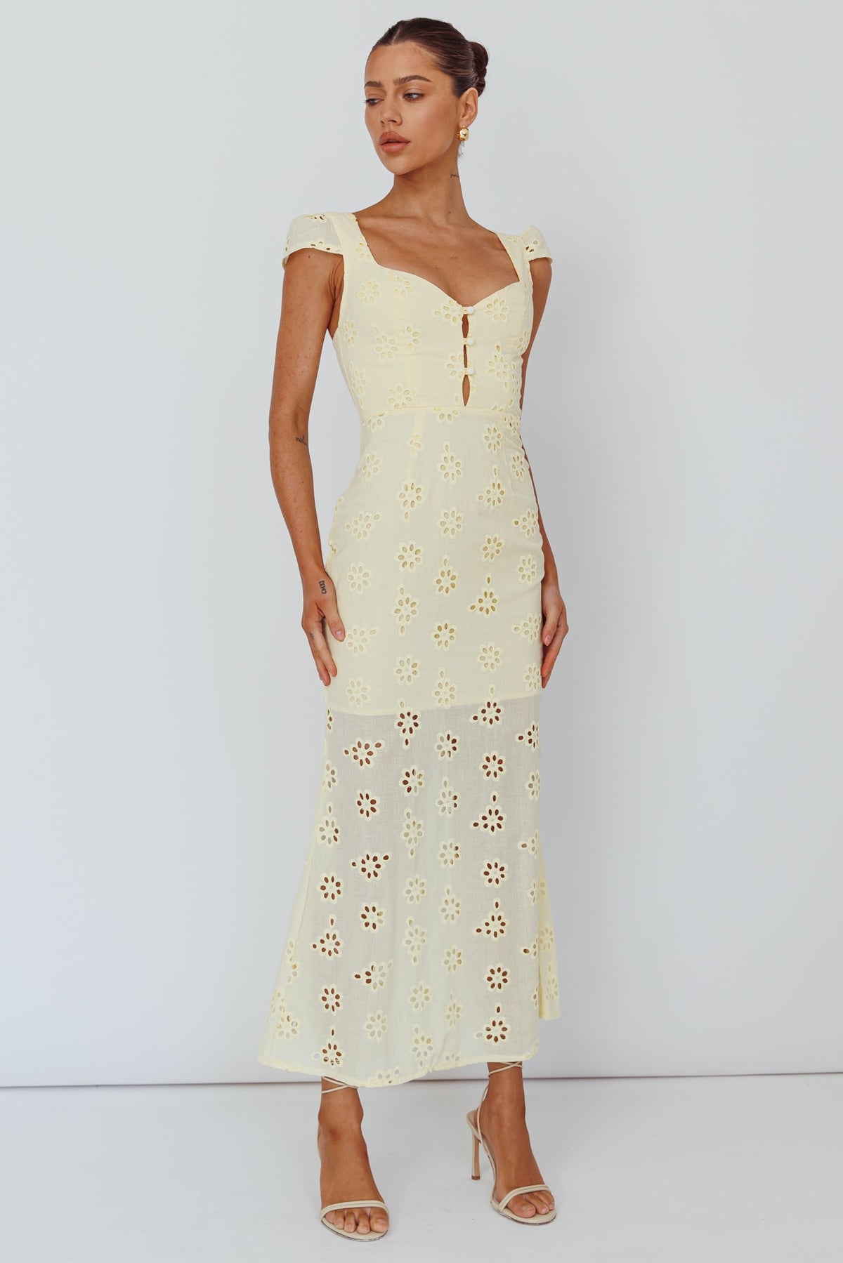 Bohemian Sun Cap Sleeve Eyelet Midi Dress Yellow