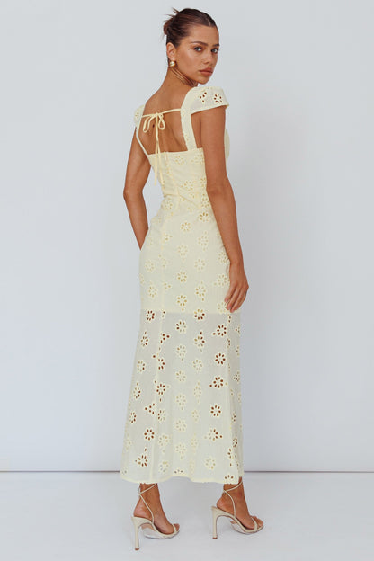 Bohemian Sun Cap Sleeve Eyelet Midi Dress Yellow