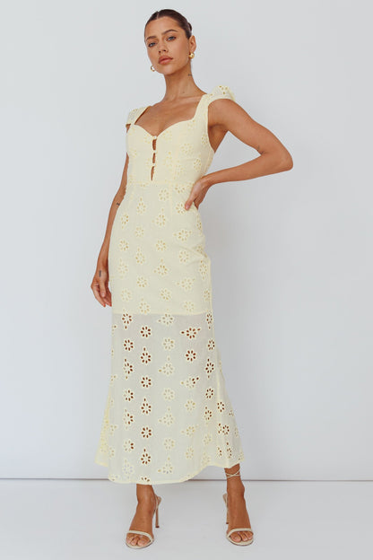 Bohemian Sun Cap Sleeve Eyelet Midi Dress Yellow