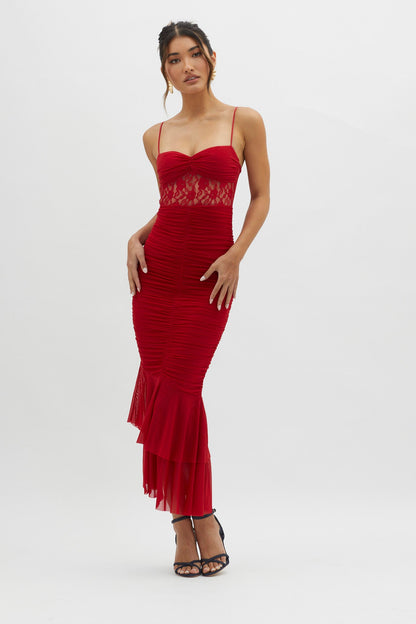 Cherubim Lace Insert Ruched Midi Dress Red