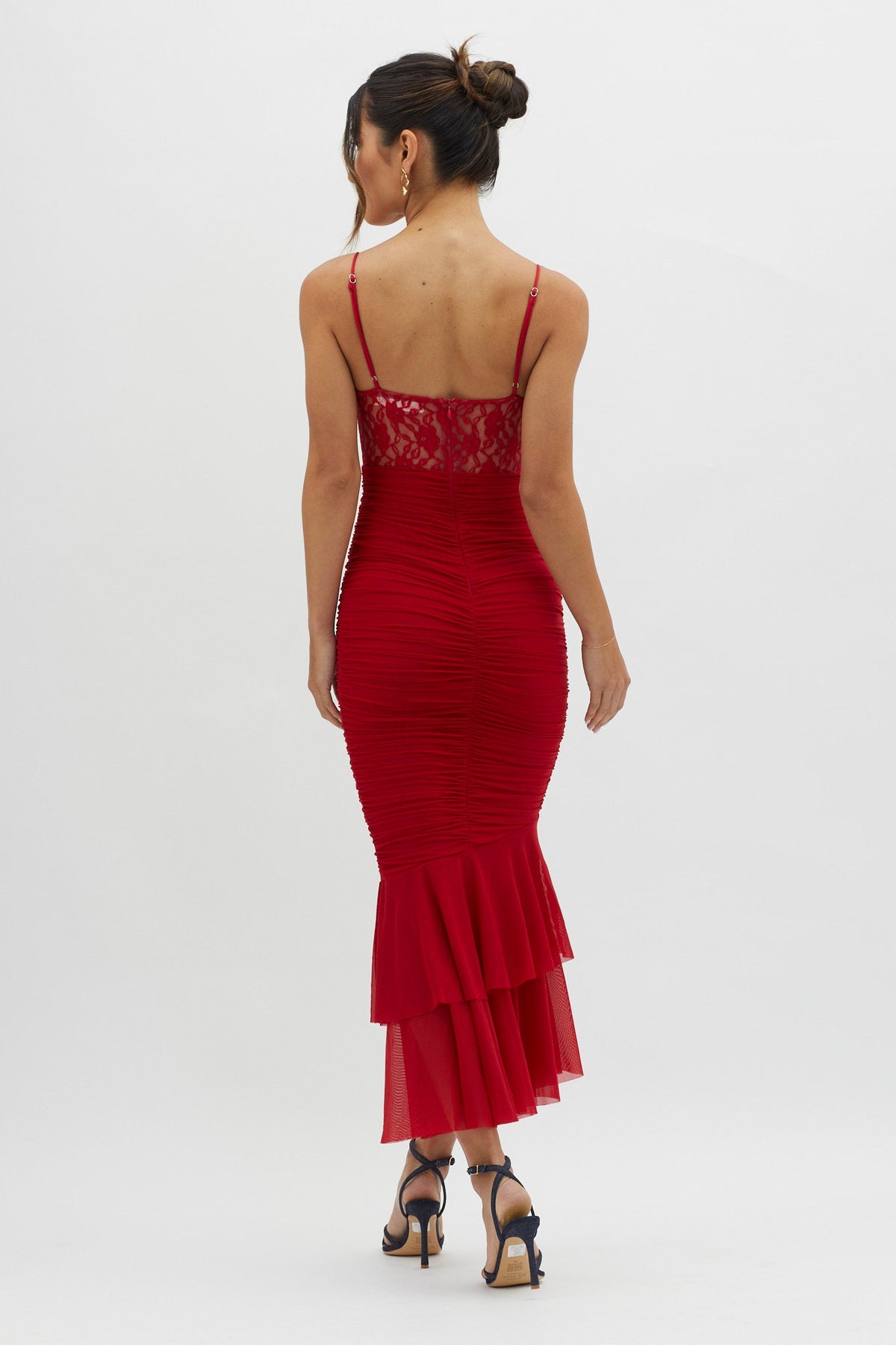 Cherubim Lace Insert Ruched Midi Dress Red