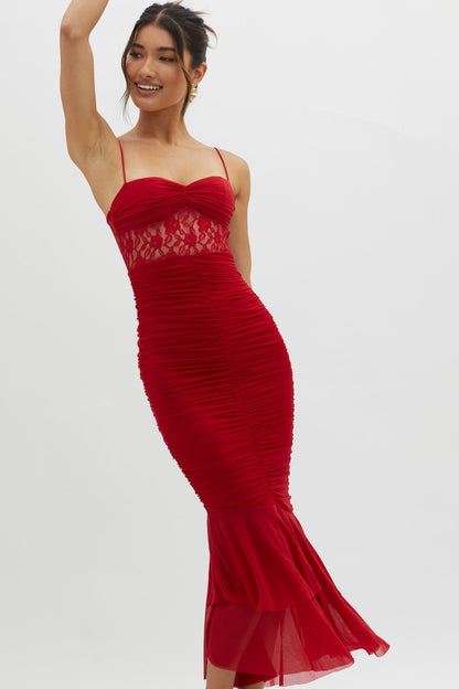 Cherubim Lace Insert Ruched Midi Dress Red