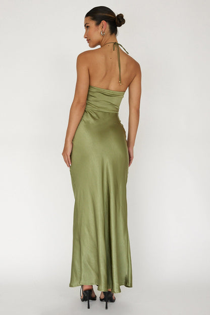 High Roller Flower Decoration Halter Dress Olive