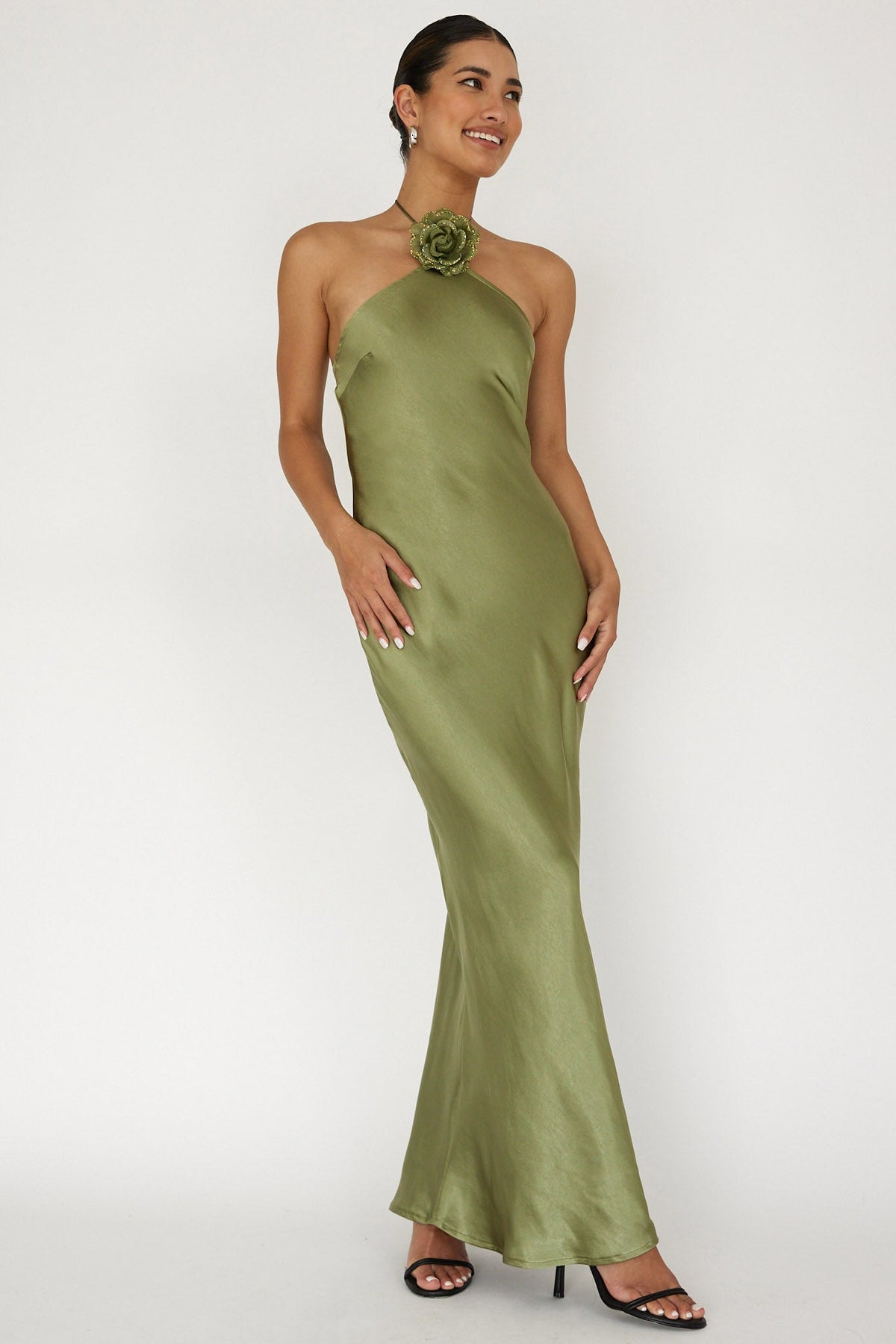 High Roller Flower Decoration Halter Dress Olive