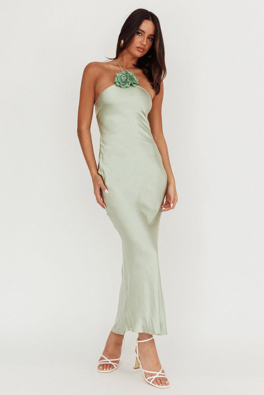 High Roller Flower Decoration Halter Dress Sage