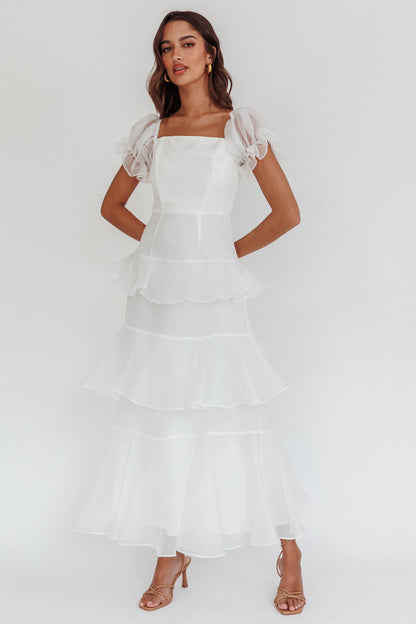 Delwynn Puff Sleeve Layered Midi Dress White