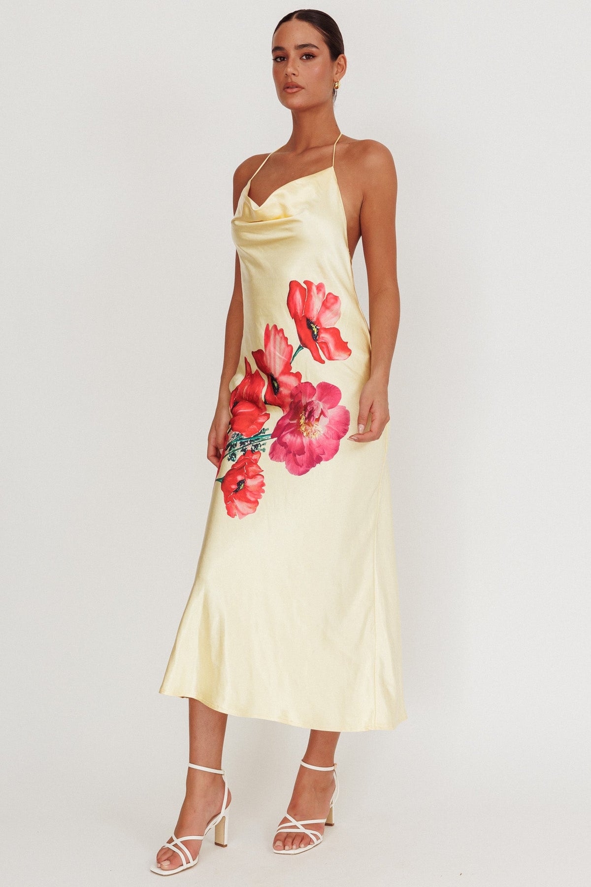 Seren Backless Cowl Neck Midi Dress Yellow