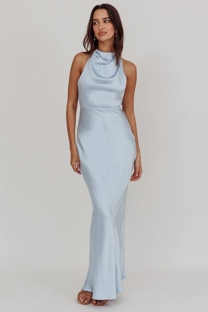 Gelato Pearl Strap Halter Maxi Dress Blue