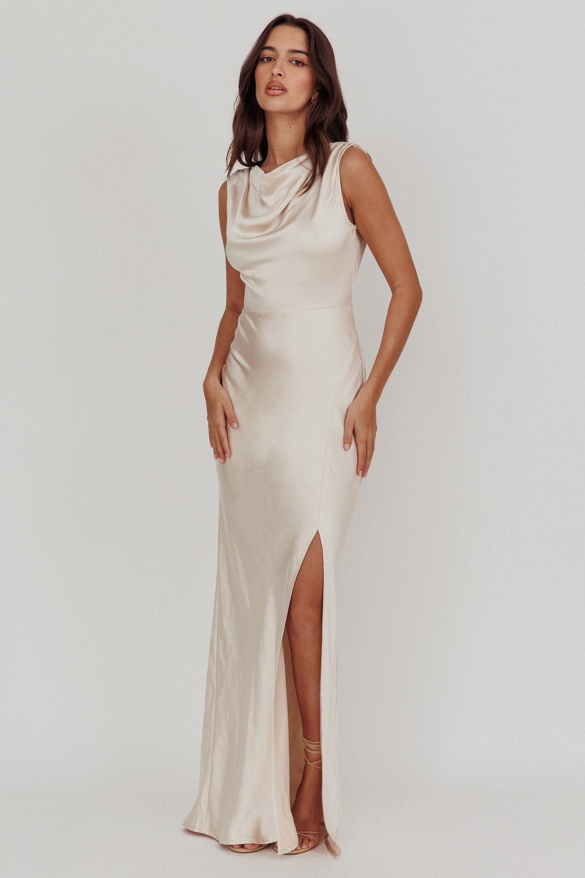 Jinora Cowl Neck Leg Slit Satin Maxi Dress