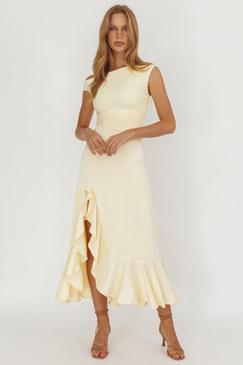 Moonlit Magic Asymmetric Neckline Satin Ruffle Dress Butter