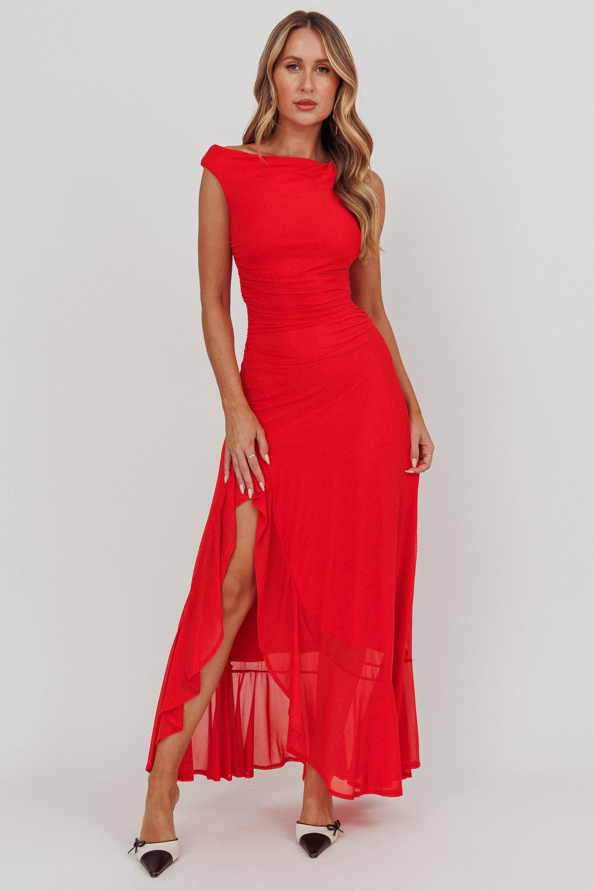 Moonlit Magic Asymmetric Neckline Maxi Dress Red