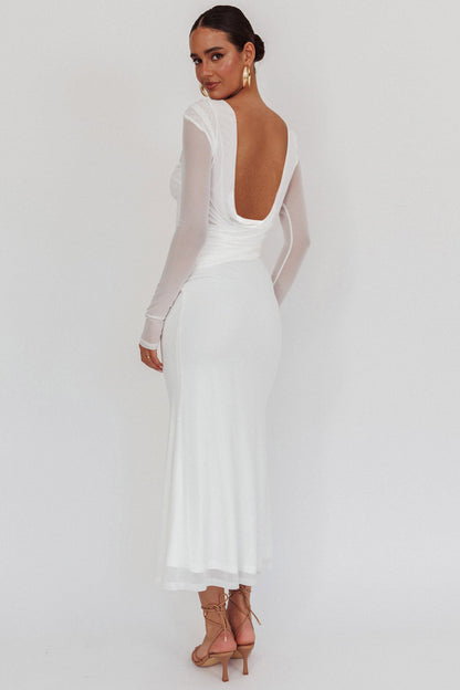 Lustre Open Back Mesh Maxi Dress White