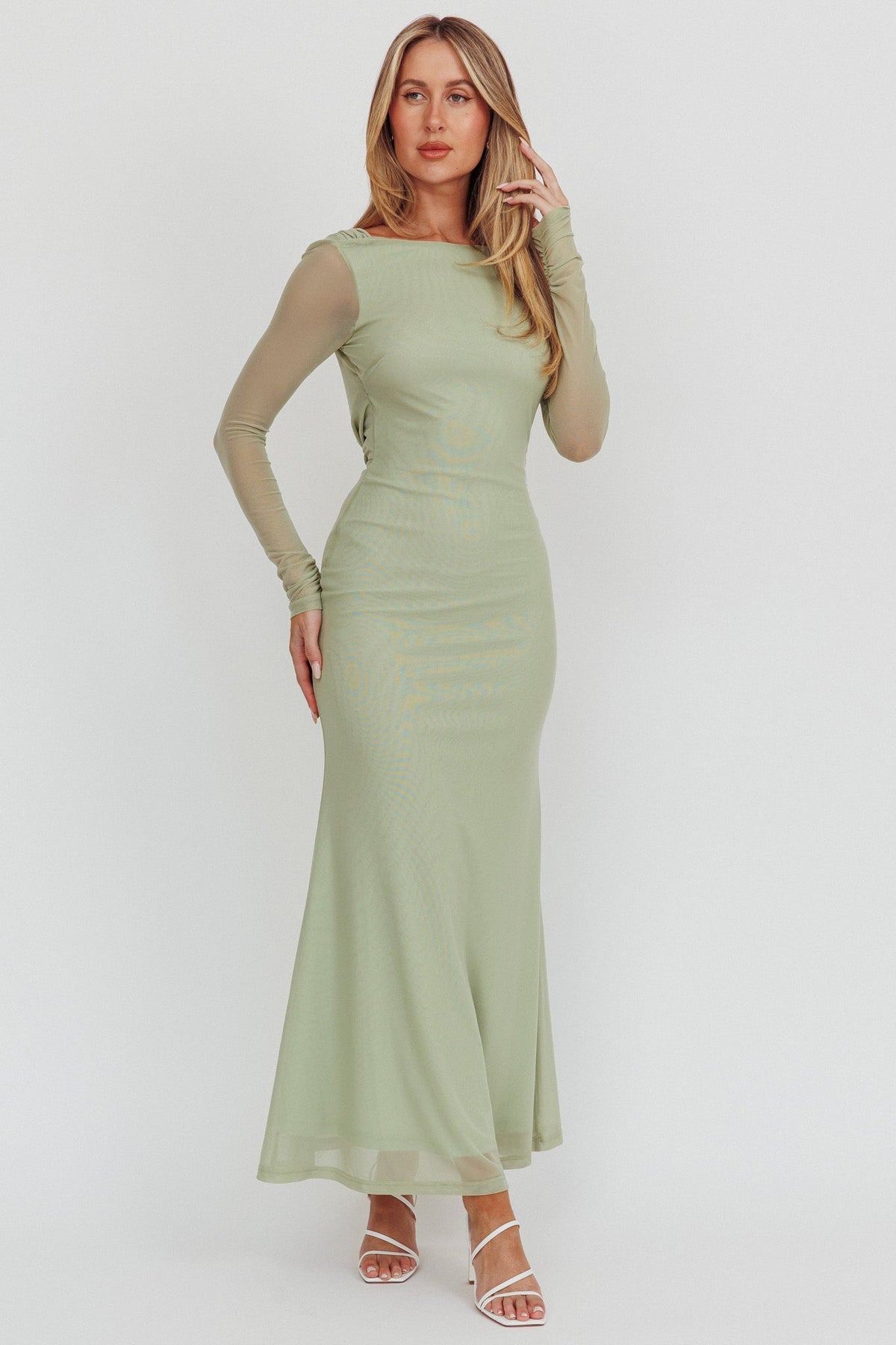 Lustre Open Back Mesh Maxi Dress Sage