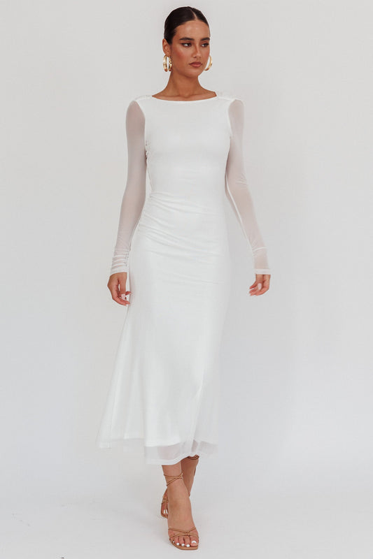 Lustre Open Back Mesh Maxi Dress White