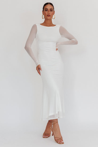 Lustre Open Back Mesh Maxi Dress White