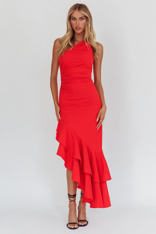 Bold Love One-Shoulder Asymmetric Hem Dress Red