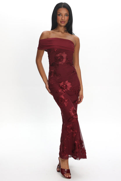 Gala One-Shoulder Maxi Dress Embellished Wine