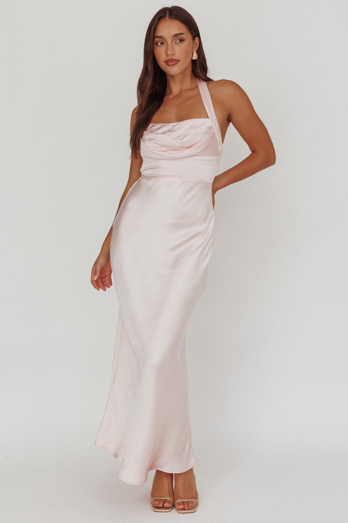 Fair Play Gathered Bust Halter Maxi Dress Pink
