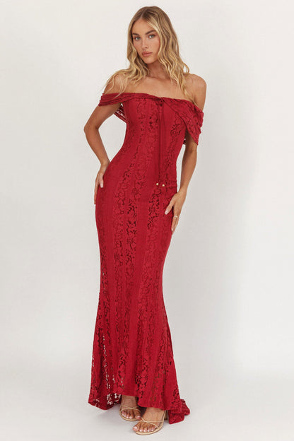 Enigma Off-Shoulder Maxi Dress Lace Wine