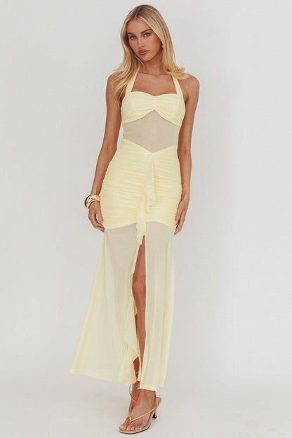 Rayah Sheer Insert Ruched Maxi Dress Yellow