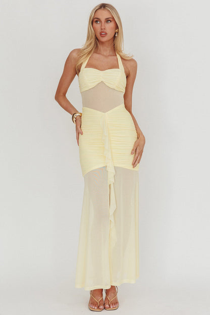 Rayah Sheer Insert Ruched Maxi Dress Yellow