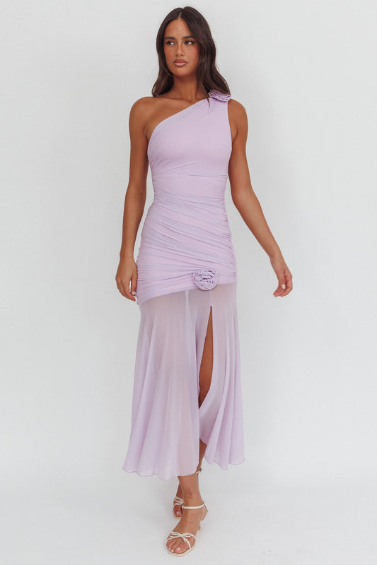 Lost Love One-Shoulder Sheer Hem Maxi Dress Lilac