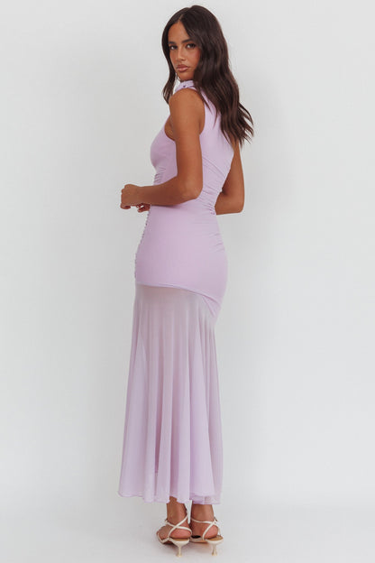 Lost Love One-Shoulder Sheer Hem Maxi Dress Lilac