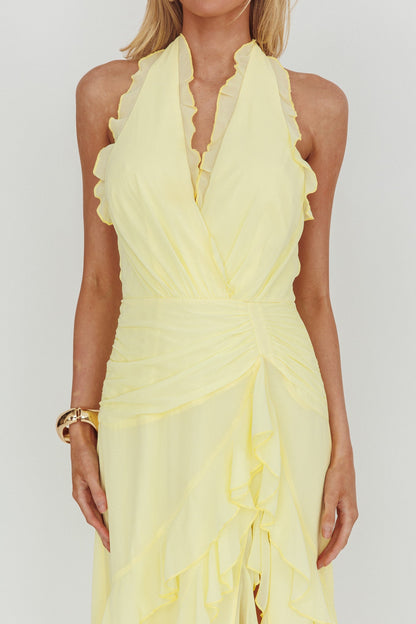 Enticing Halterneck Frill Maxi Dress Yellow