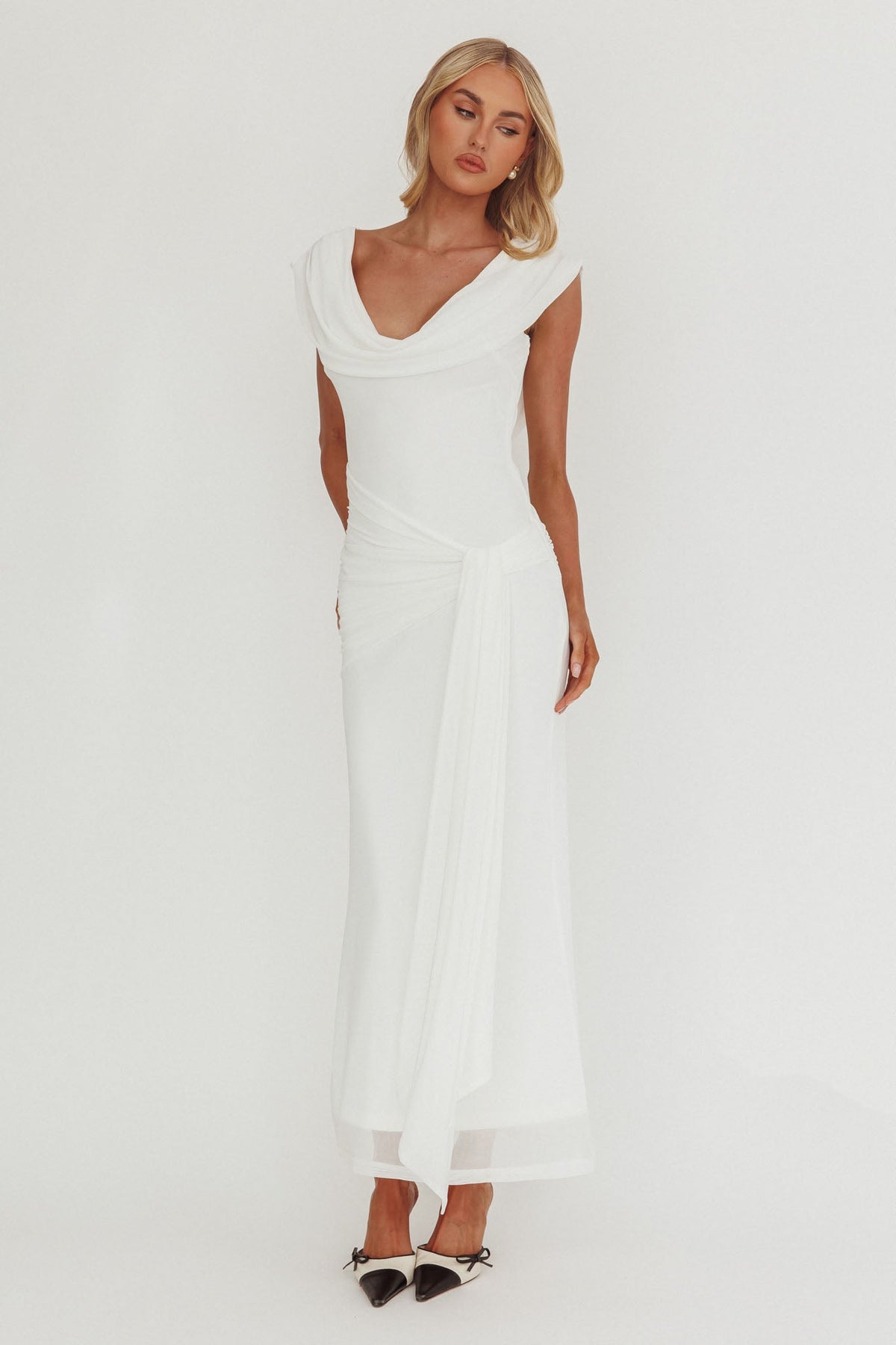 Virgo Season Draped Shoulder Maxi Dress White