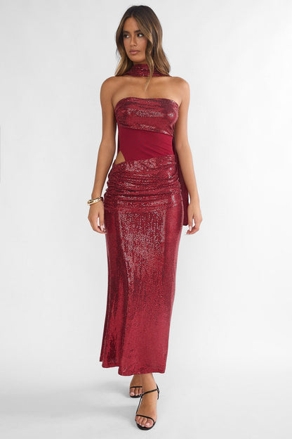Seraphinna Strapless Cut-Out Maxi Dress Sequin Red