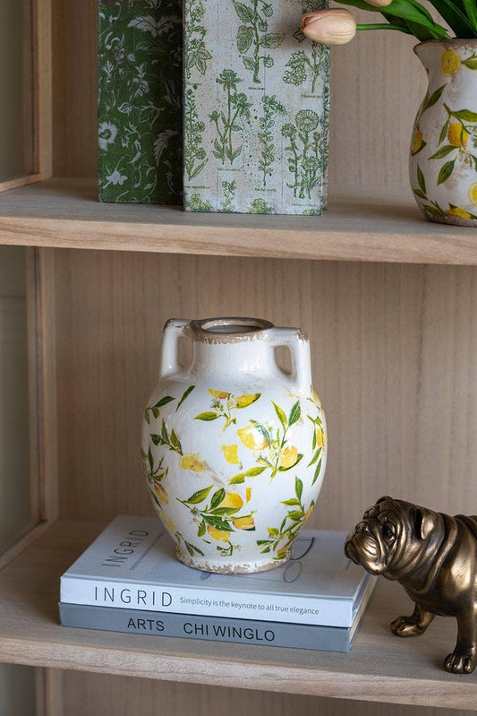 6.7x6.7x8.7" White Ceramic Vase w/ Lemon Motif Small Handles