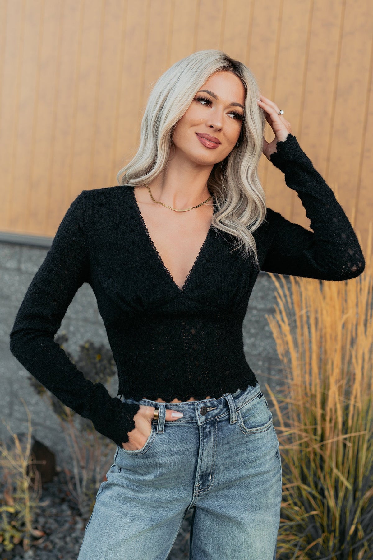 Born Untamed Long Sleeve V Neck Lace Top (Black)