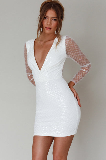 Juno Plunging Neckline Sequin Mini Dress White