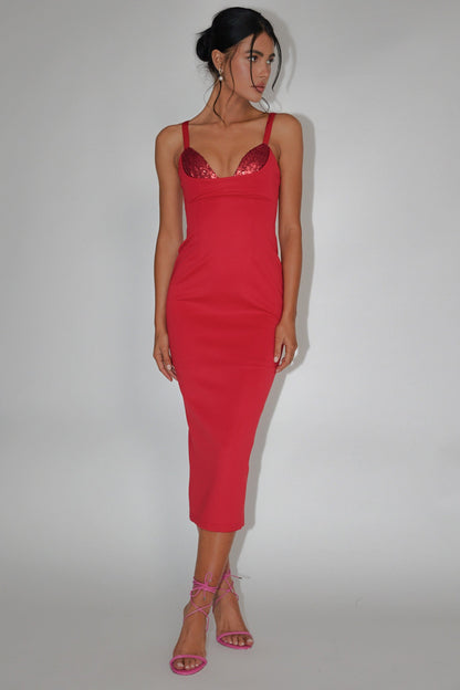 La Bellevilloise Sequin Bust Midi Dress Red