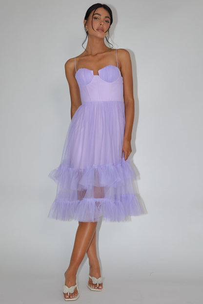 Moonlight Sonata Ruffle Mesh Midi Dress Lilac